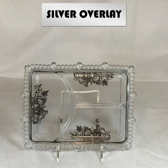 Vintage Silver Overlay Glass Rectangular 3-Section Divided Dish - Picture 1 of 7